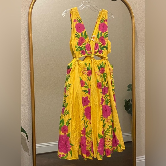 FARM Rio Romantic Garden Yellow Pink Plunge Midi Dress Size M - Picture 4 of 13